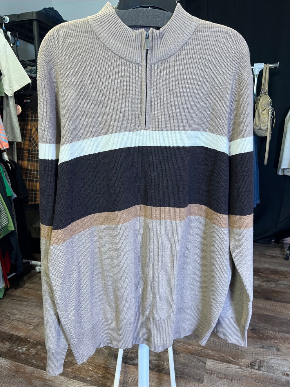 Sonoma Men's Zip-Up Sweater in Taupe, Black & White Stripe